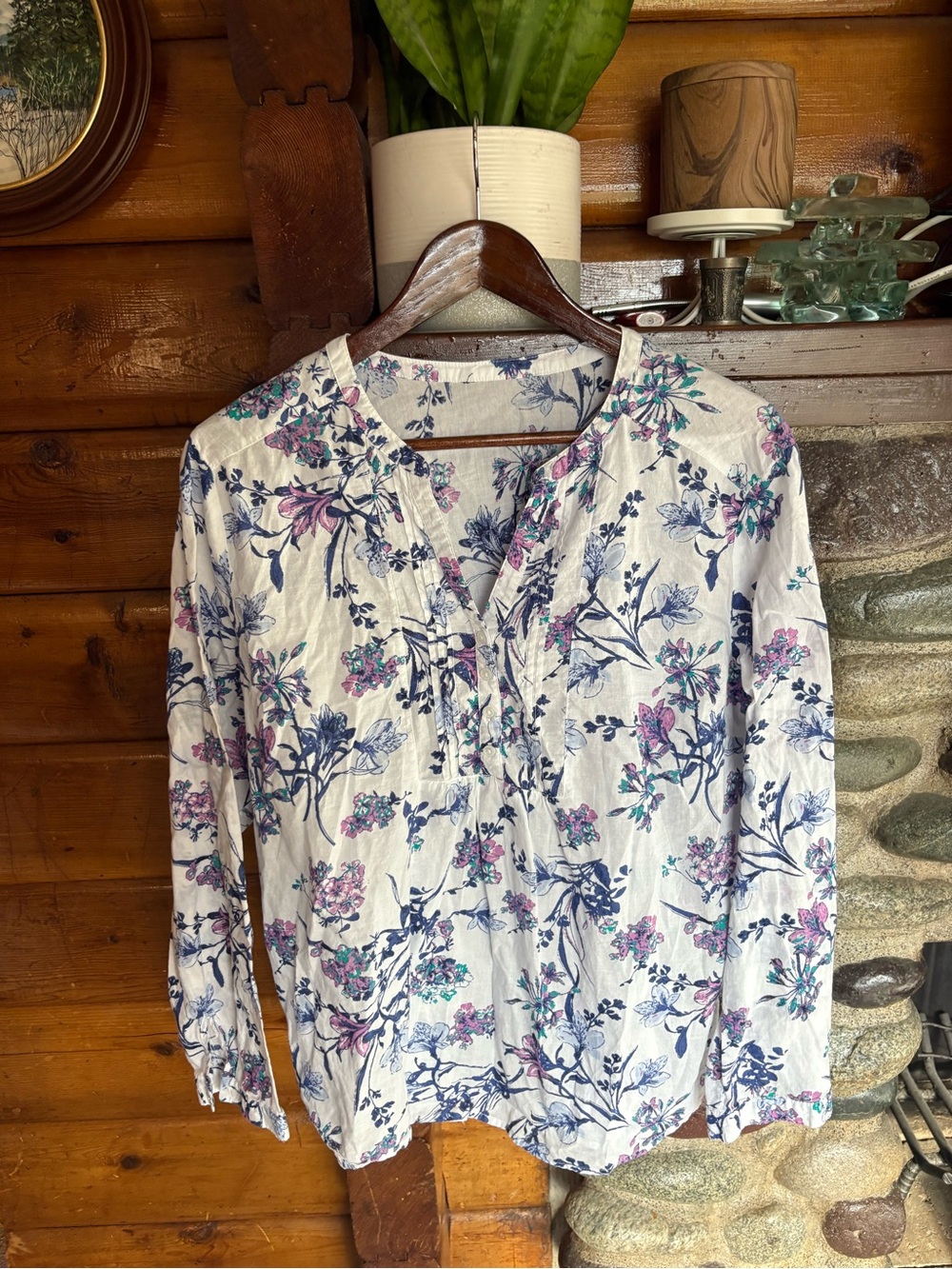 George Floral 100% Cotton Pintuck Blouse XL Blue Purple/Pink Cottagecore